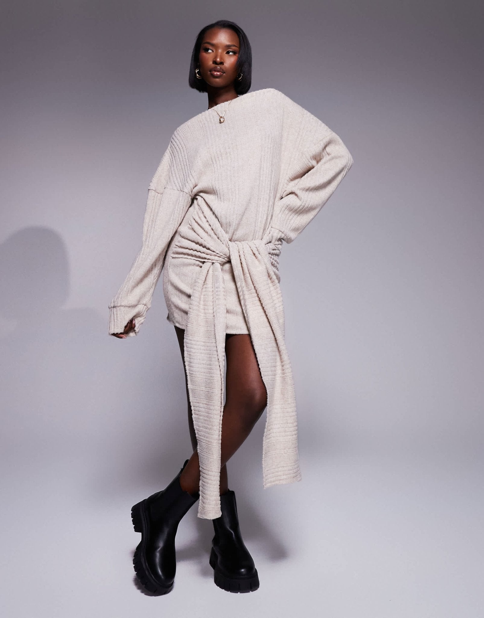 ASOS DESIGN supersoft chunky knit tie waist mini dress in oat - ASOS Sample Sale