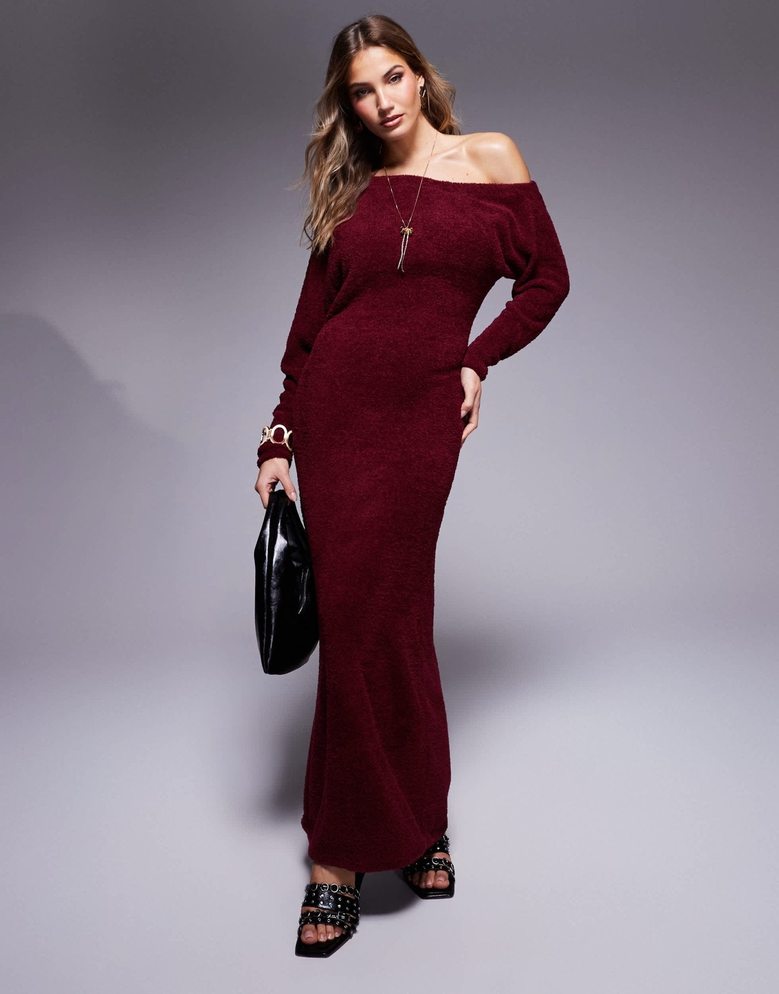ASOS DESIGN supersoft fluffy fallen shoulder midaxi dress in burgundy - ASOS Sample Sale