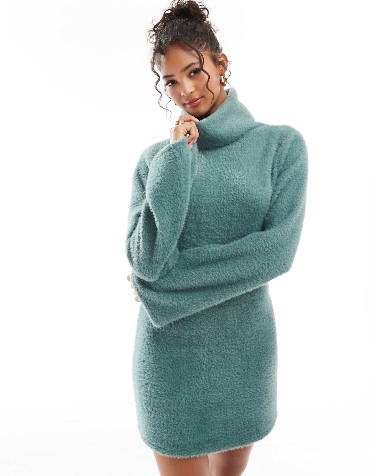 ASOS DESIGN supersoft fluffy roll neck mini jumper dress in green - ASOS Sample Sale