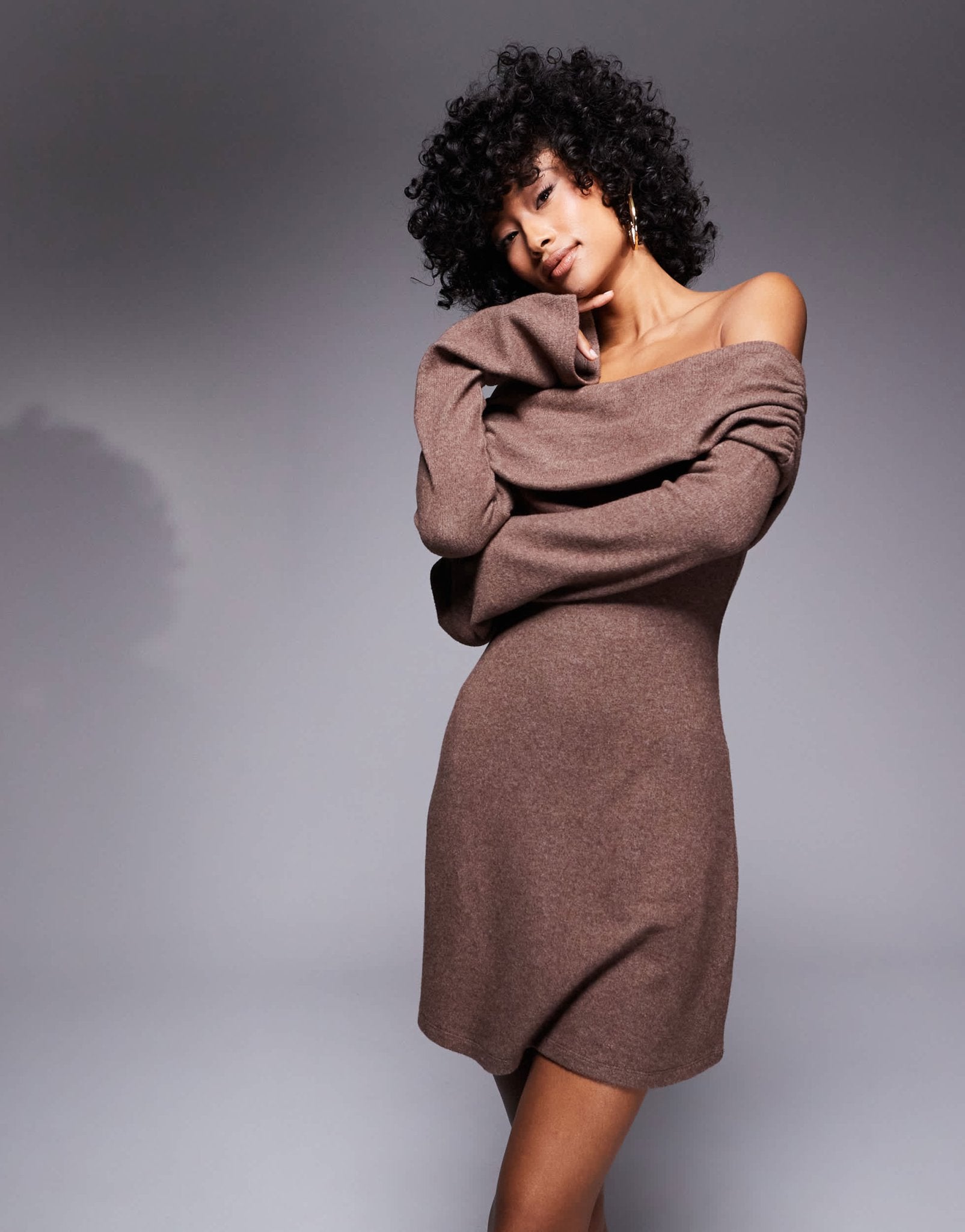 ASOS DESIGN supersoft foldover bardot dress in brown - ASOS Sample Sale