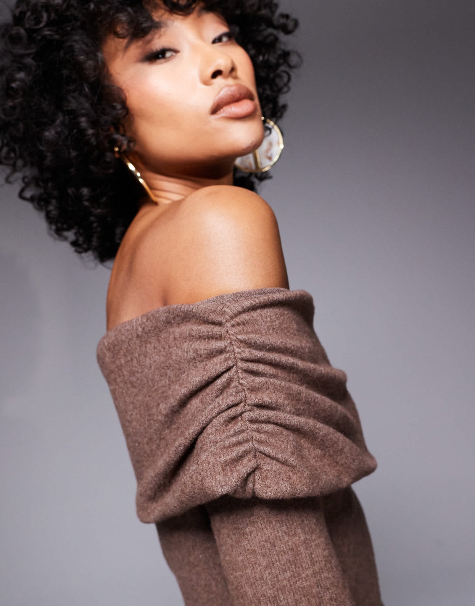 ASOS DESIGN supersoft foldover bardot dress in brown - ASOS Sample Sale