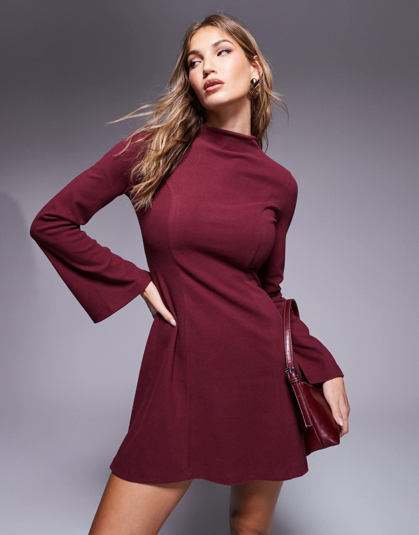 ASOS DESIGN supersoft grown on neck fit and flare mini dress in burgundy - ASOS Sample Sale