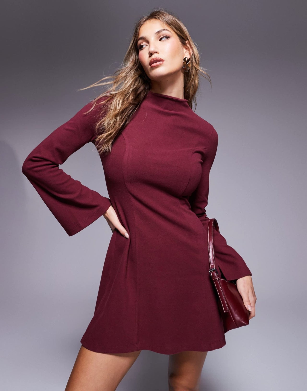 ASOS DESIGN supersoft grown on neck fit and flare mini dress in burgundy - ASOS Sample Sale