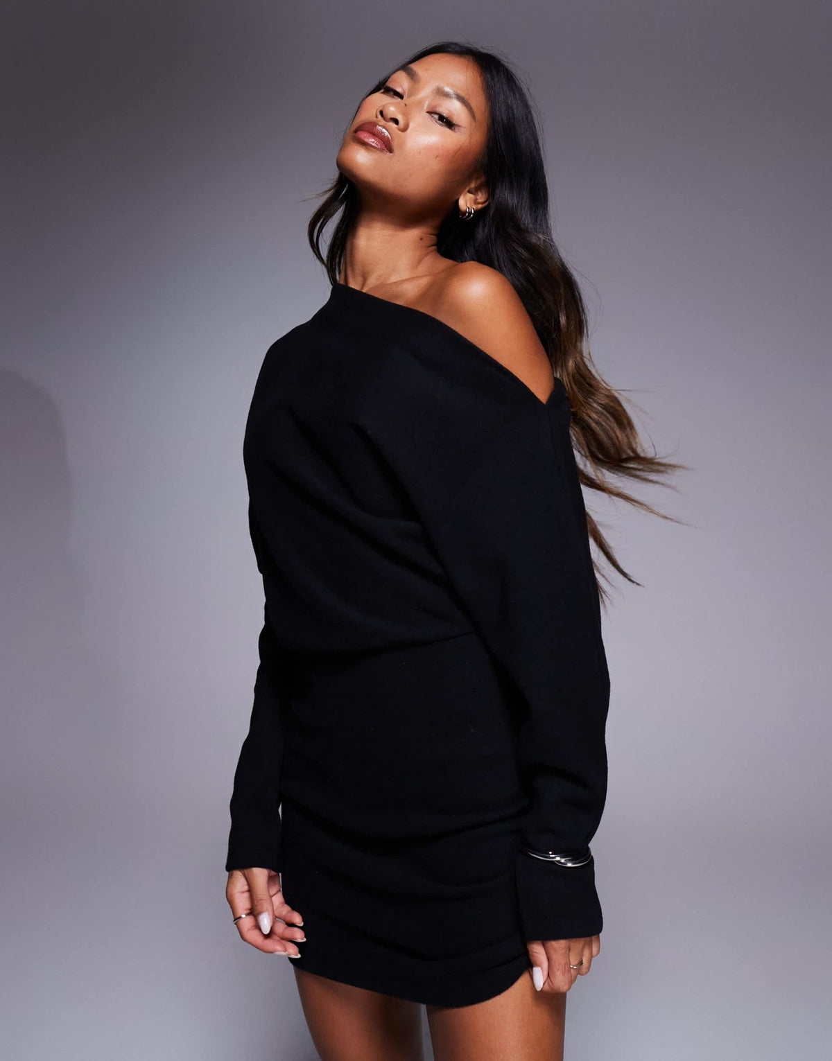 ASOS DESIGN supersoft long sleeve fallen shoulder mini dress in black - ASOS Sample Sale