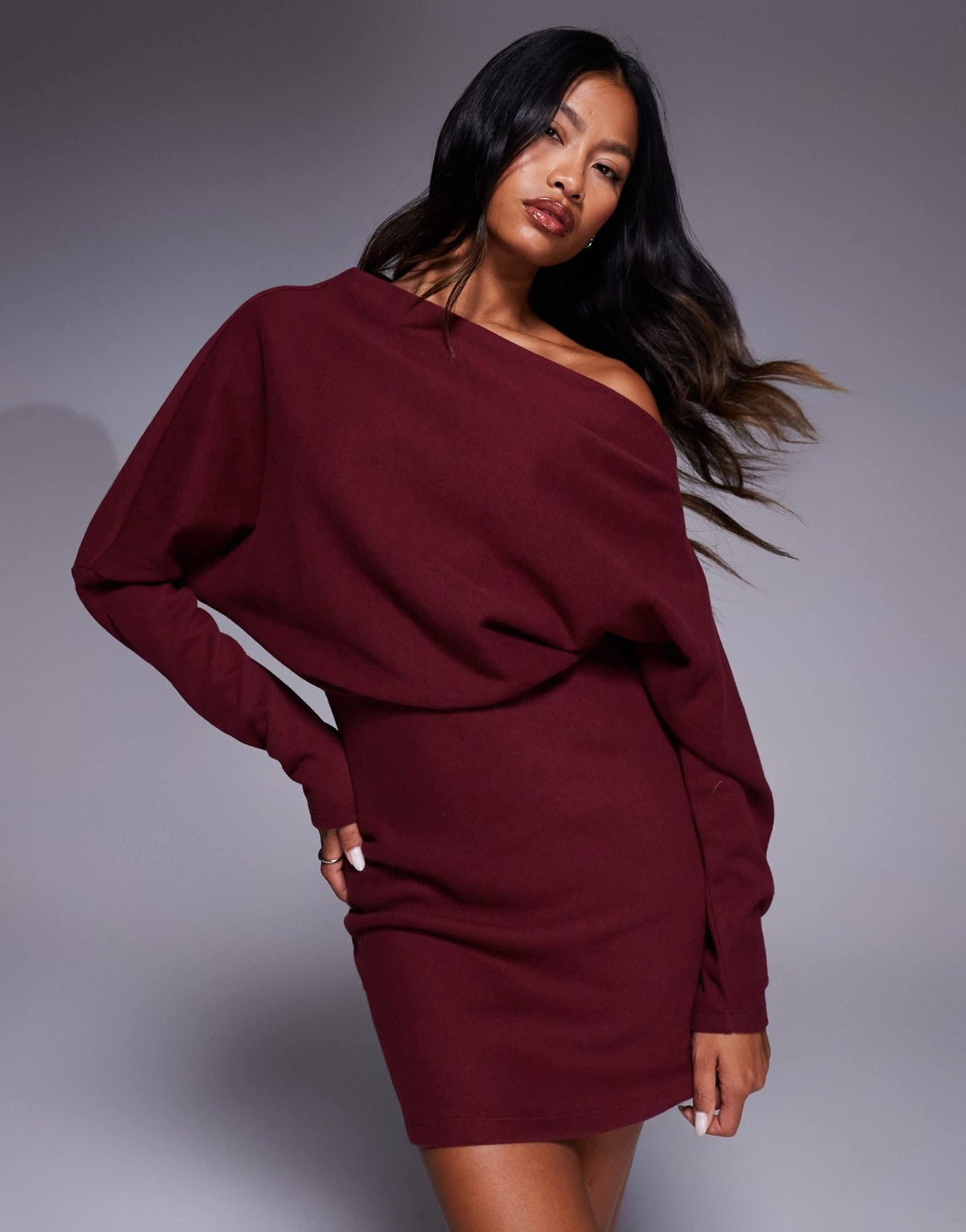 ASOS DESIGN supersoft long sleeve fallen shoulder mini dress in mulberry - ASOS Sample Sale