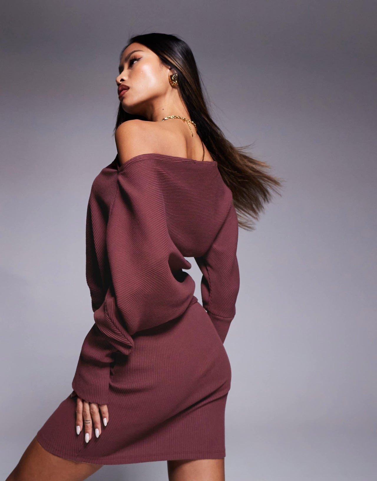 ASOS DESIGN supersoft ribbed dropped shoulder mini dress in burgundy - ASOS Sample Sale