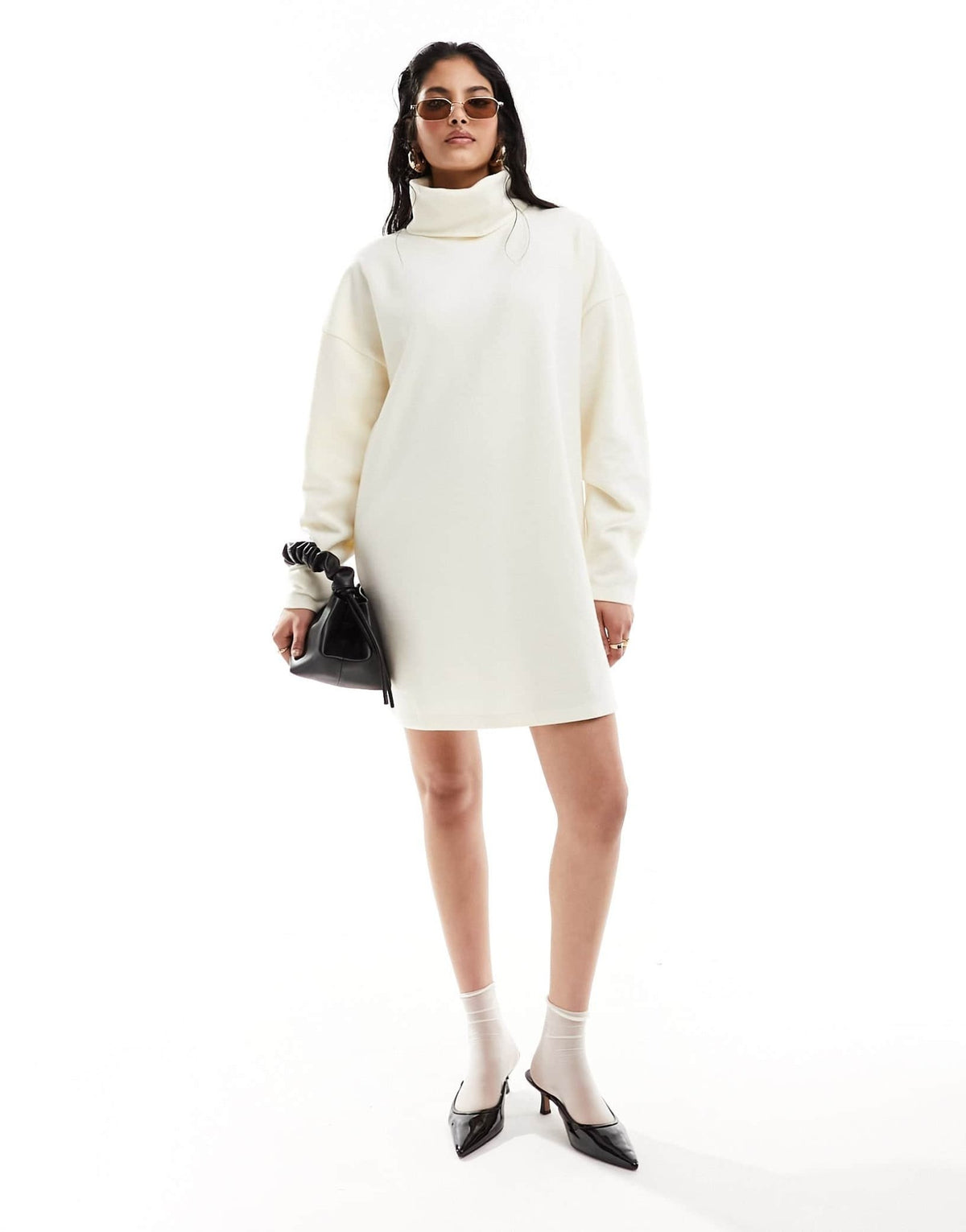 ASOS DESIGN supersoft volume sleeve roll neck mini jumper dress in ivory - ASOS Sample Sale