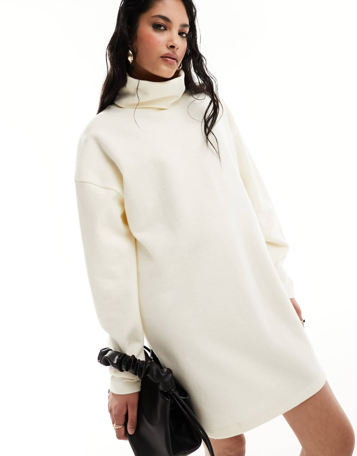 ASOS DESIGN supersoft volume sleeve roll neck mini jumper dress in ivory - ASOS Sample Sale