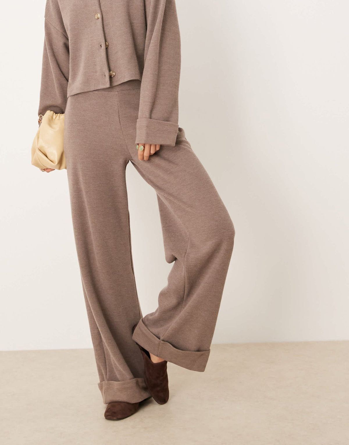 ASOS DESIGN Supersoft wide leg trouser with turn up hem in mocha - BROWN - ASOS Sample Sale