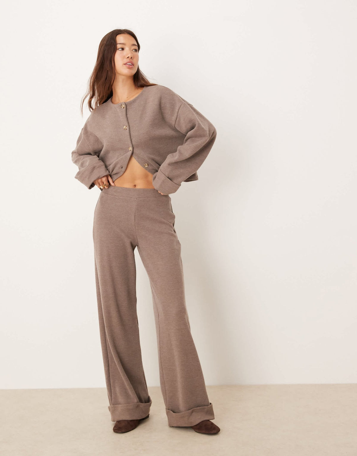 ASOS DESIGN Supersoft wide leg trouser with turn up hem in mocha - BROWN - ASOS Sample Sale