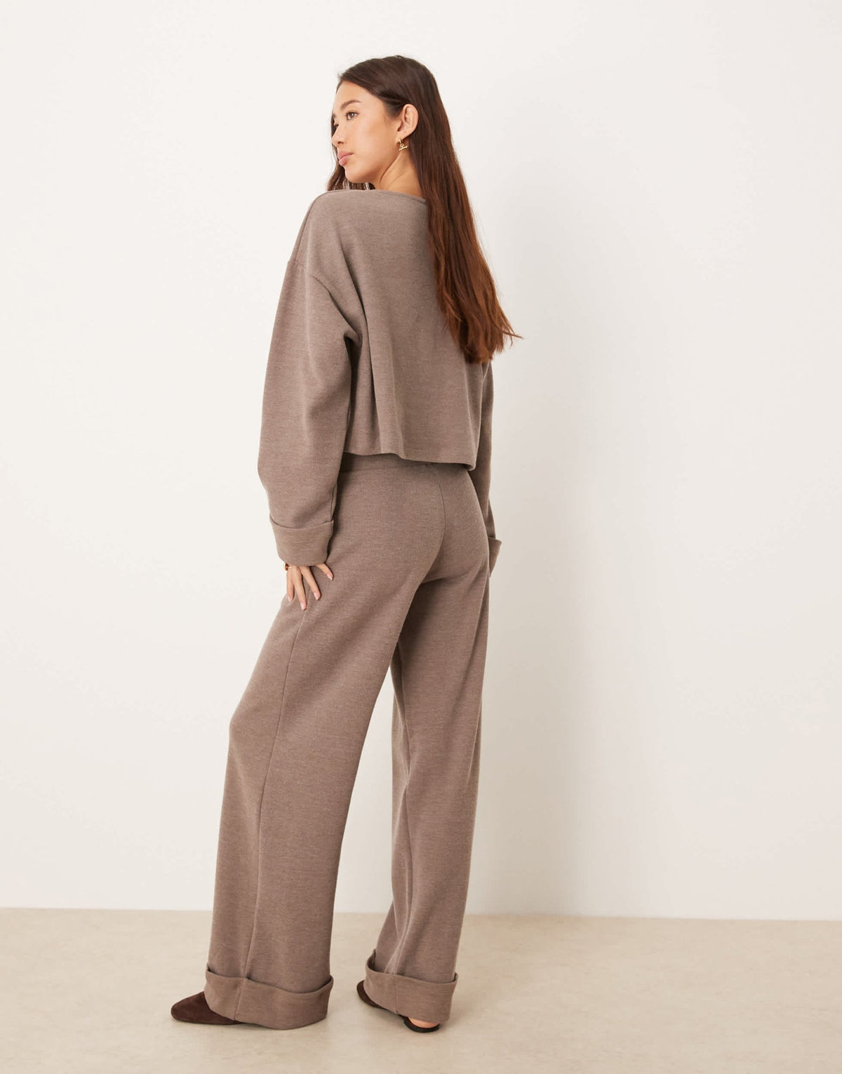 ASOS DESIGN Supersoft wide leg trouser with turn up hem in mocha - BROWN - ASOS Sample Sale