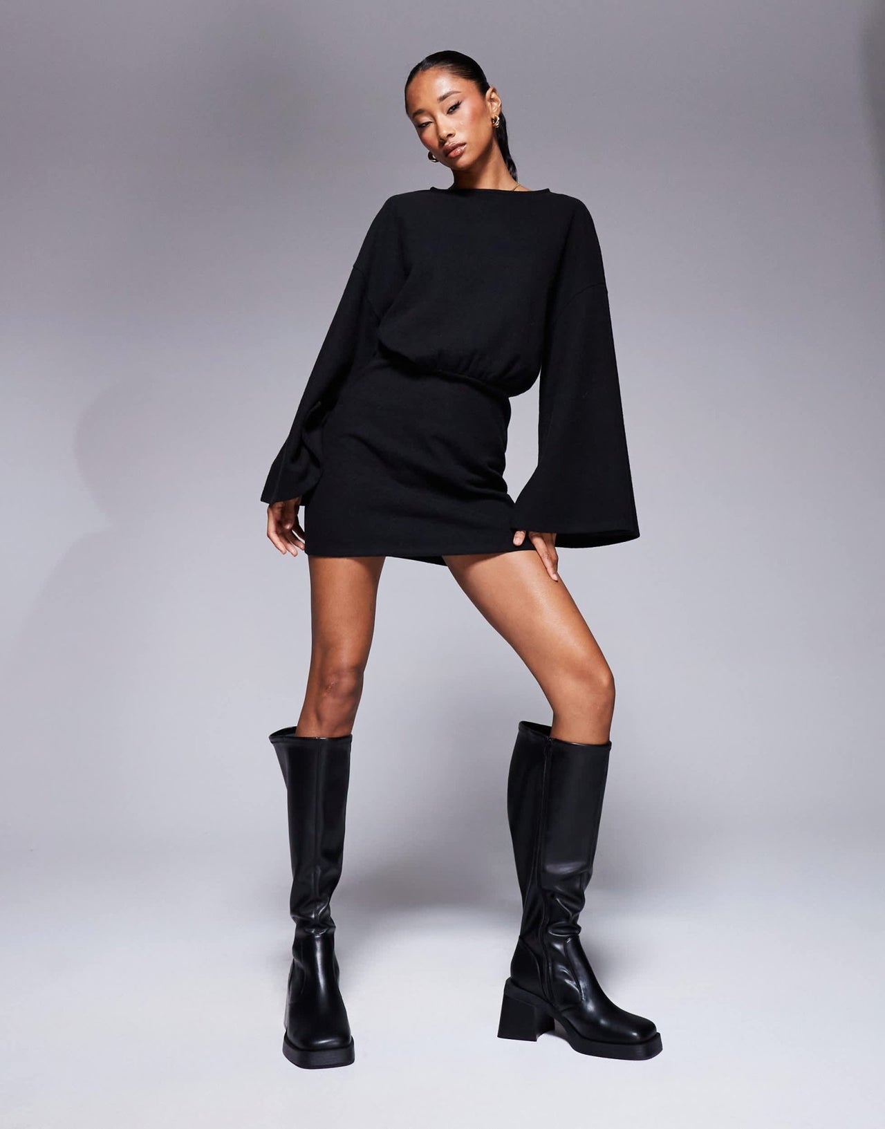 ASOS DESIGN supersoft wide long sleeve blouson mini dress in black - ASOS Sample Sale