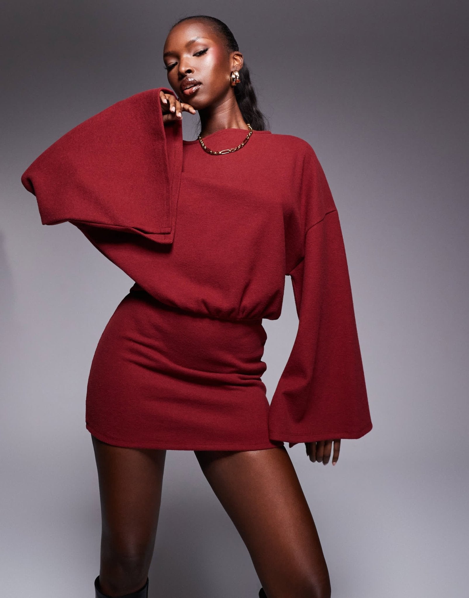 ASOS DESIGN supersoft wide long sleeve blouson mini dress in burgundy - ASOS Sample Sale
