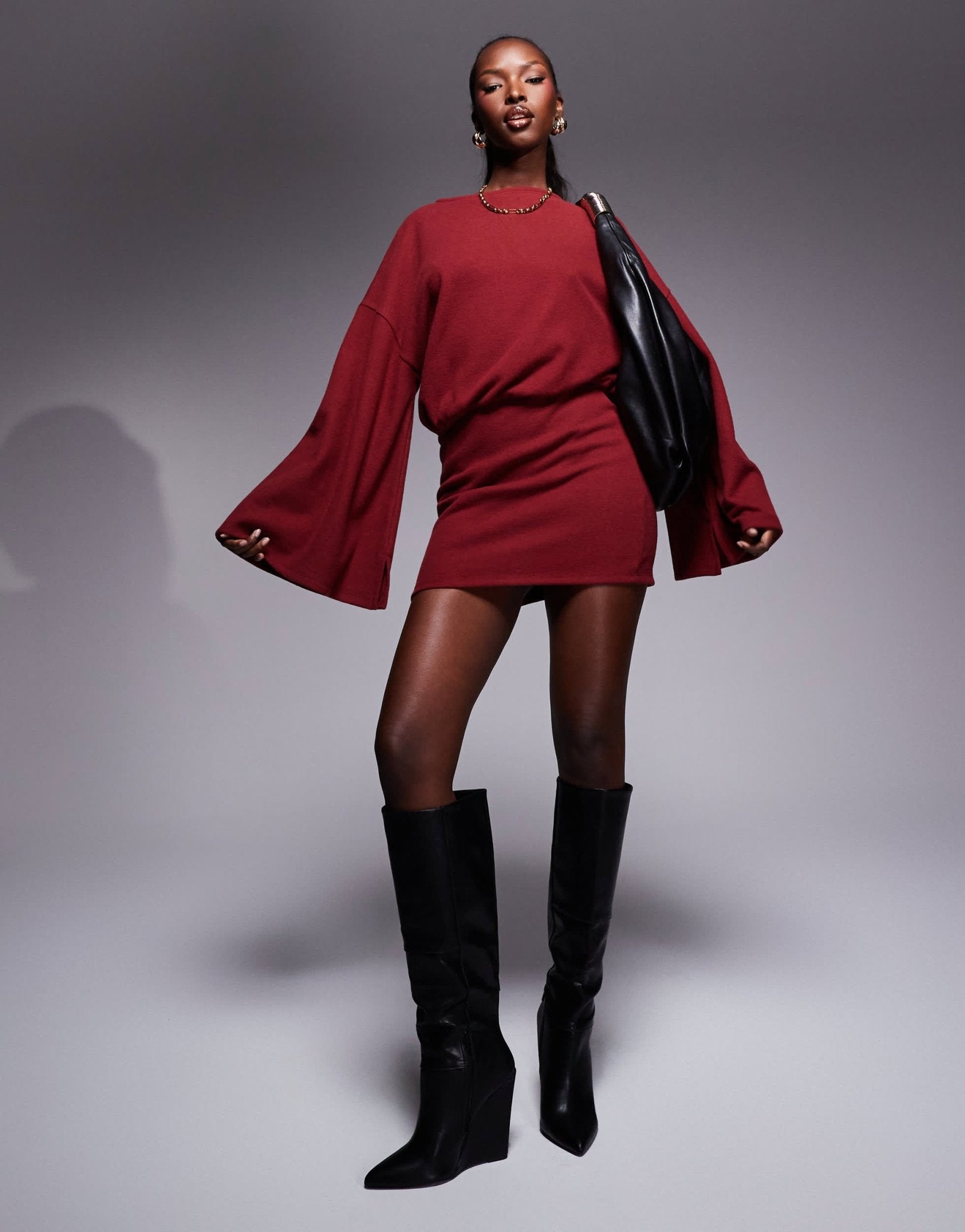 ASOS DESIGN supersoft wide long sleeve blouson mini dress in burgundy - ASOS Sample Sale