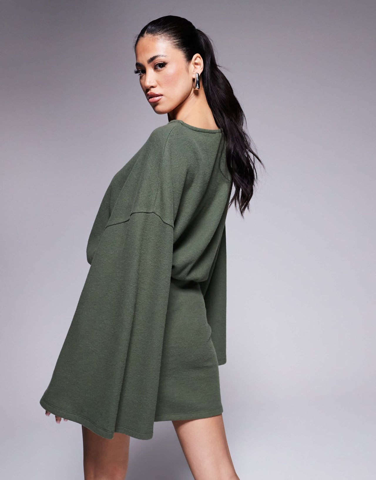 ASOS DESIGN supersoft wide long sleeve blouson mini dress in khaki - ASOS Sample Sale