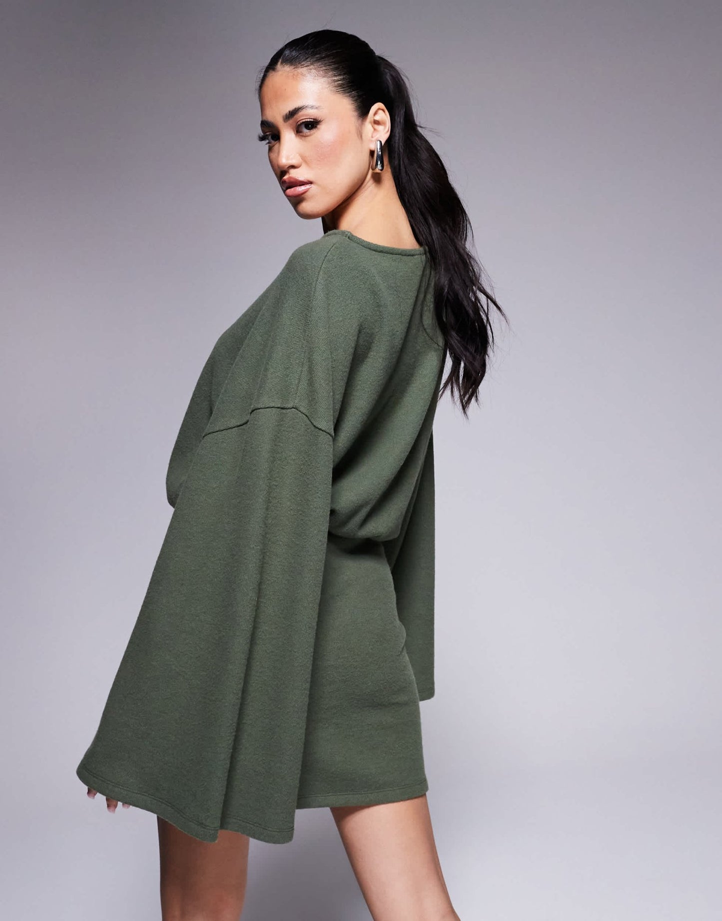 ASOS DESIGN supersoft wide long sleeve blouson mini dress in khaki - ASOS Sample Sale
