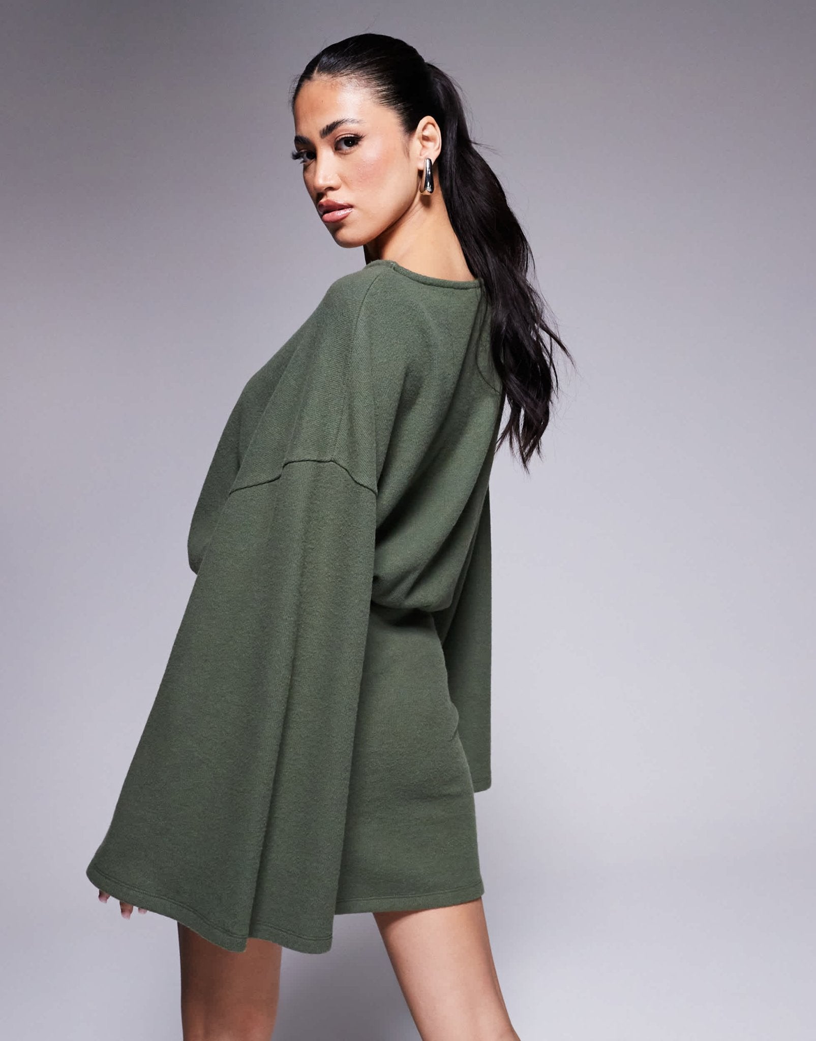 ASOS DESIGN supersoft wide long sleeve blouson mini dress in khaki - ASOS Sample Sale