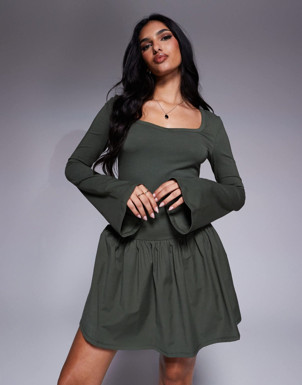 ASOS DESIGN sweetheart flare sleeve poplin mix mini dress in olive - ASOS Sample Sale