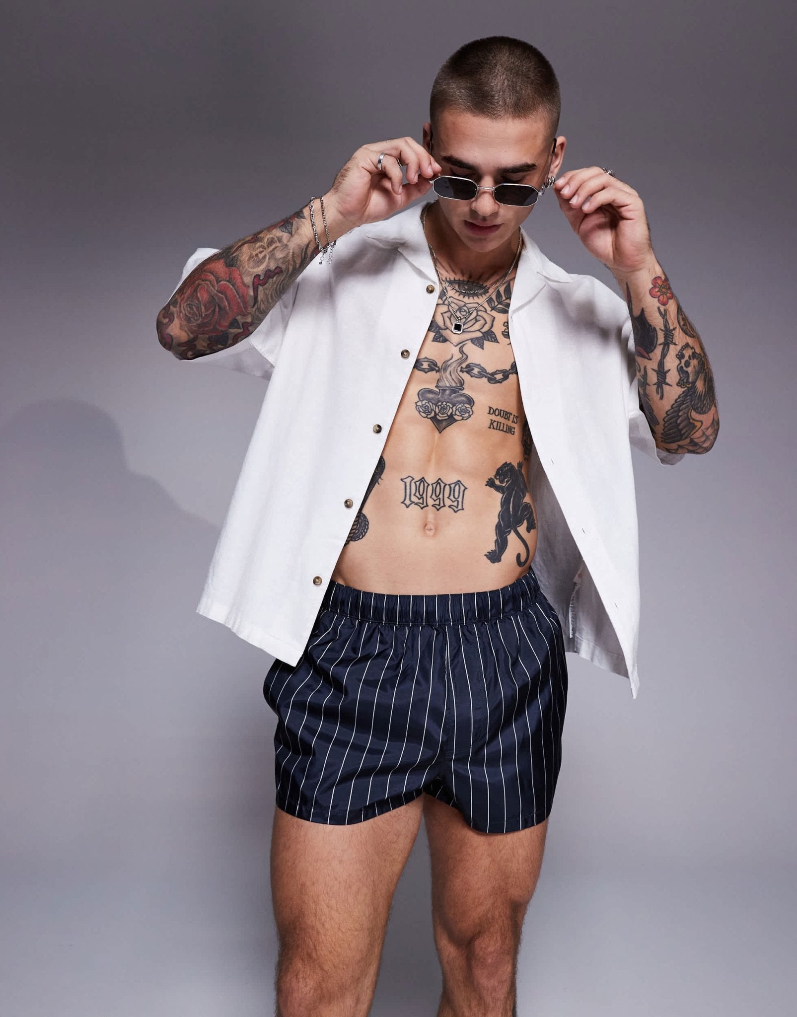ASOS DESIGN swim short in super short length in navy and white pin stripe - ASOS Sample Sale