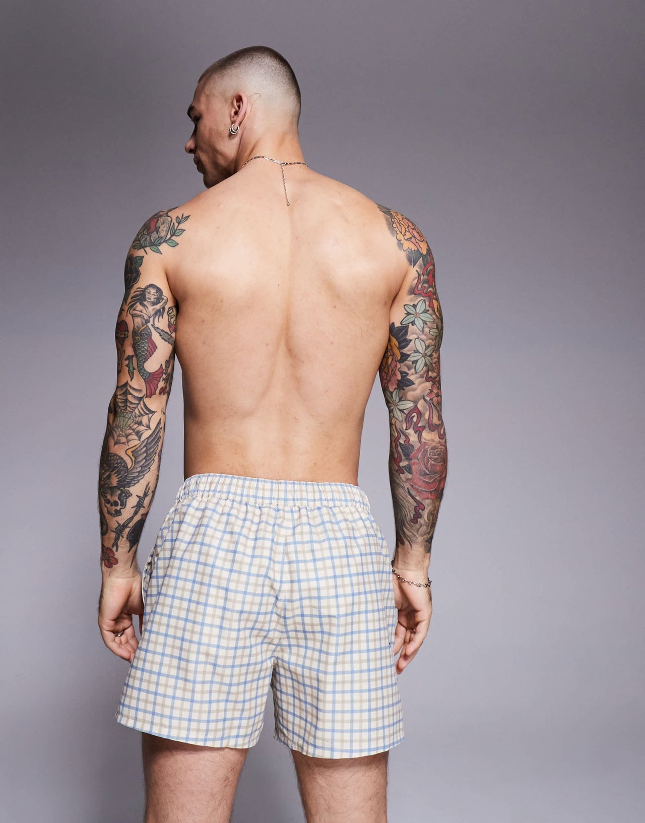 ASOS DESIGN swim shorts in mid length in blue check - ASOS Sample Sale