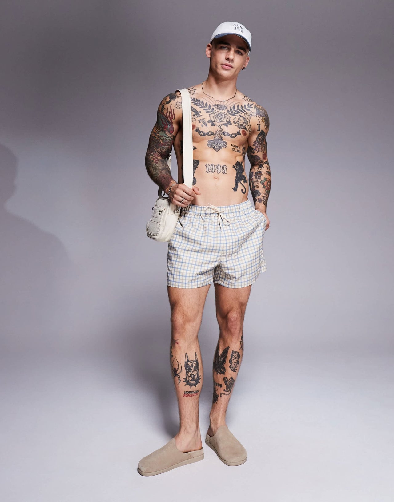ASOS DESIGN swim shorts in mid length in blue check - ASOS Sample Sale