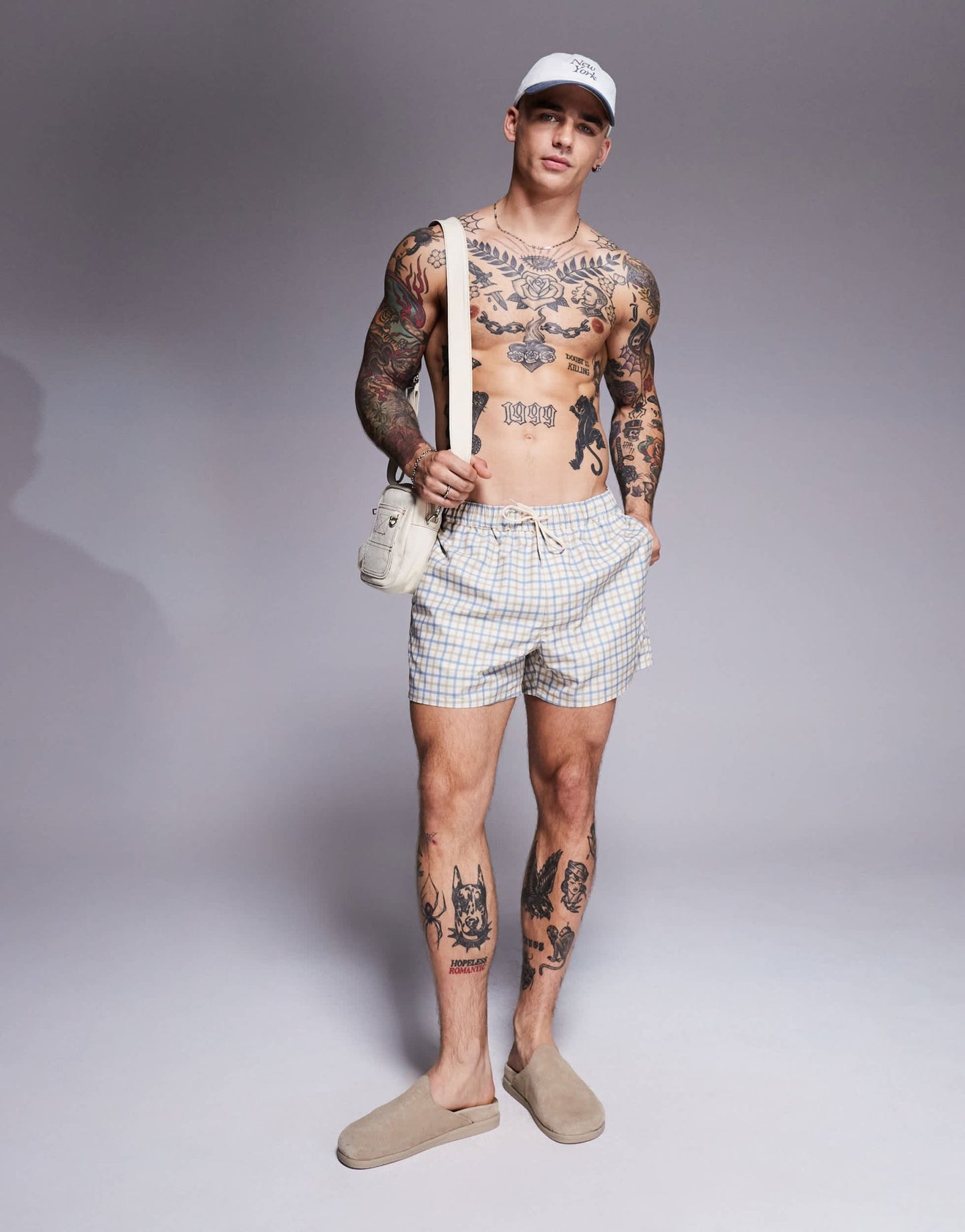 ASOS DESIGN swim shorts in mid length in blue check - ASOS Sample Sale