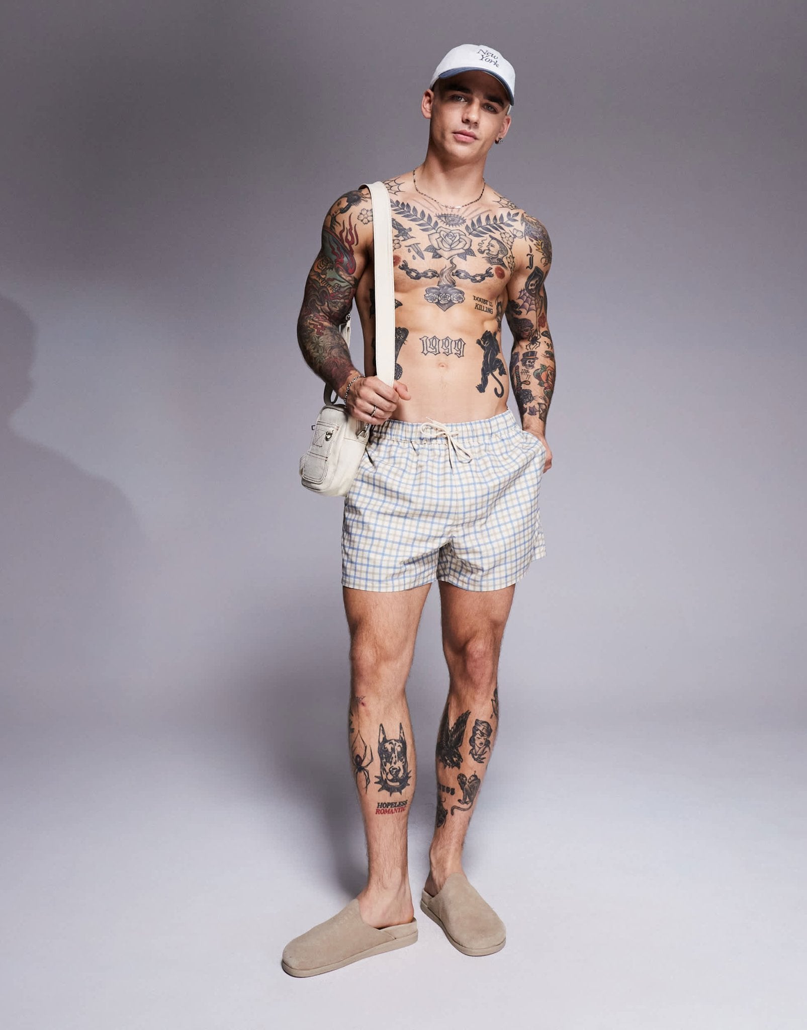 ASOS DESIGN swim shorts in mid length in blue check - ASOS Sample Sale