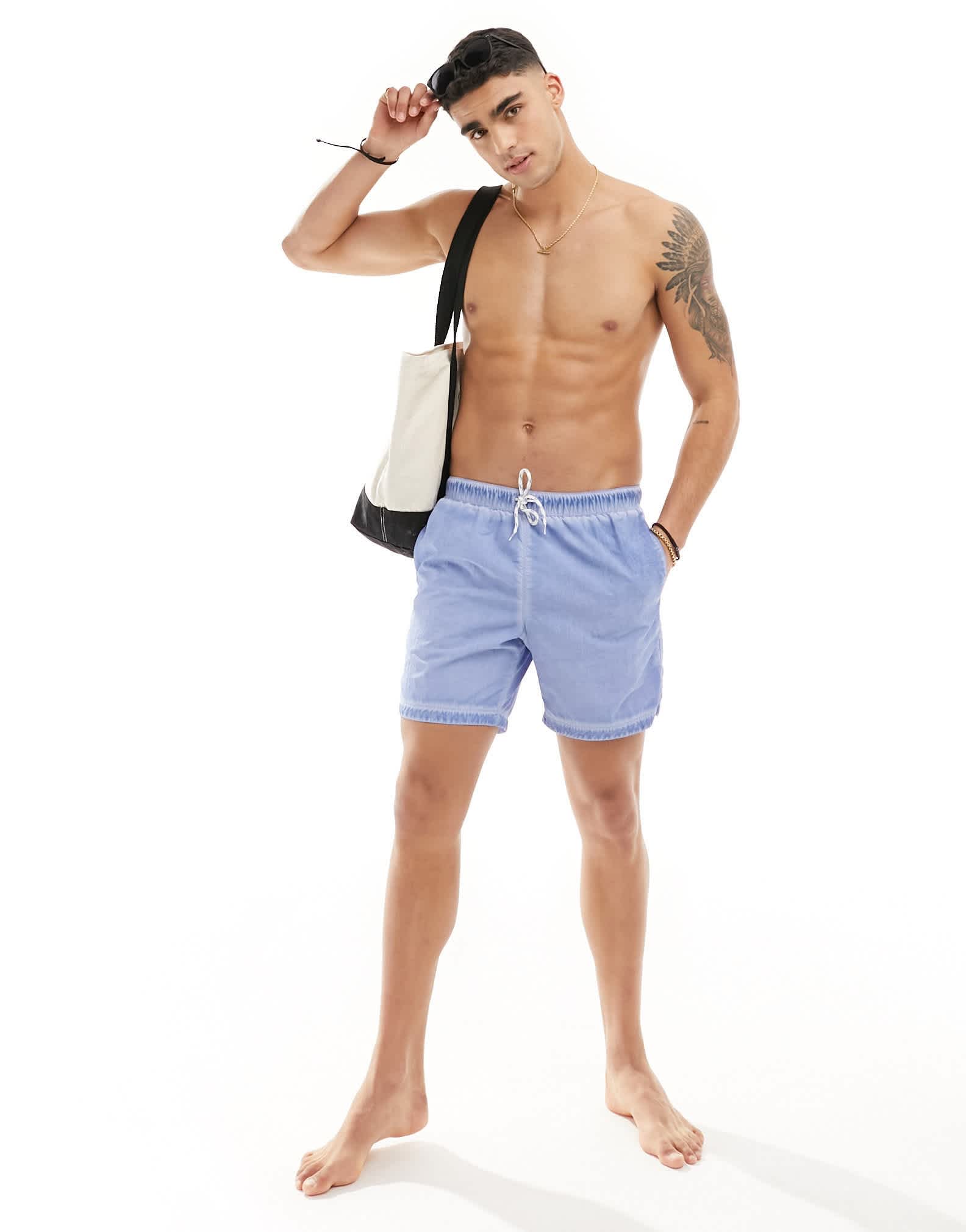 ASOS DESIGN swim shorts in mid length in blue oil wash - ASOS Sample Sale