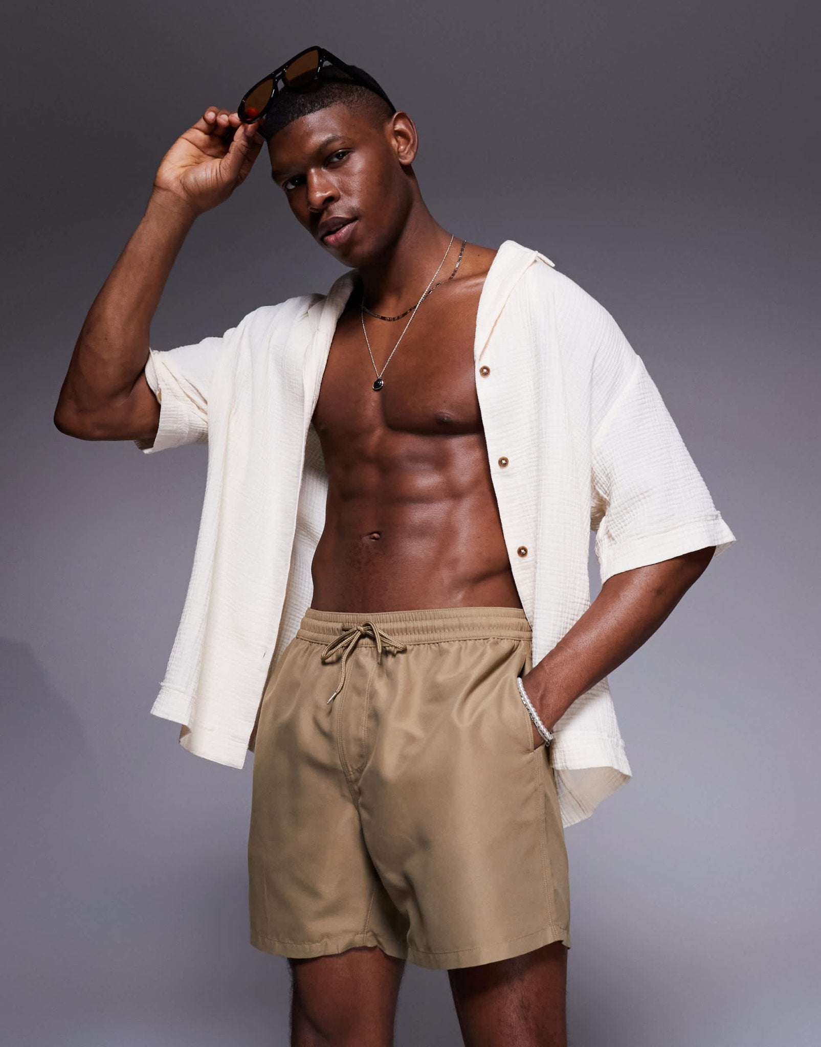 ASOS DESIGN swim shorts in mid length in dark stone - ASOS Sample Sale