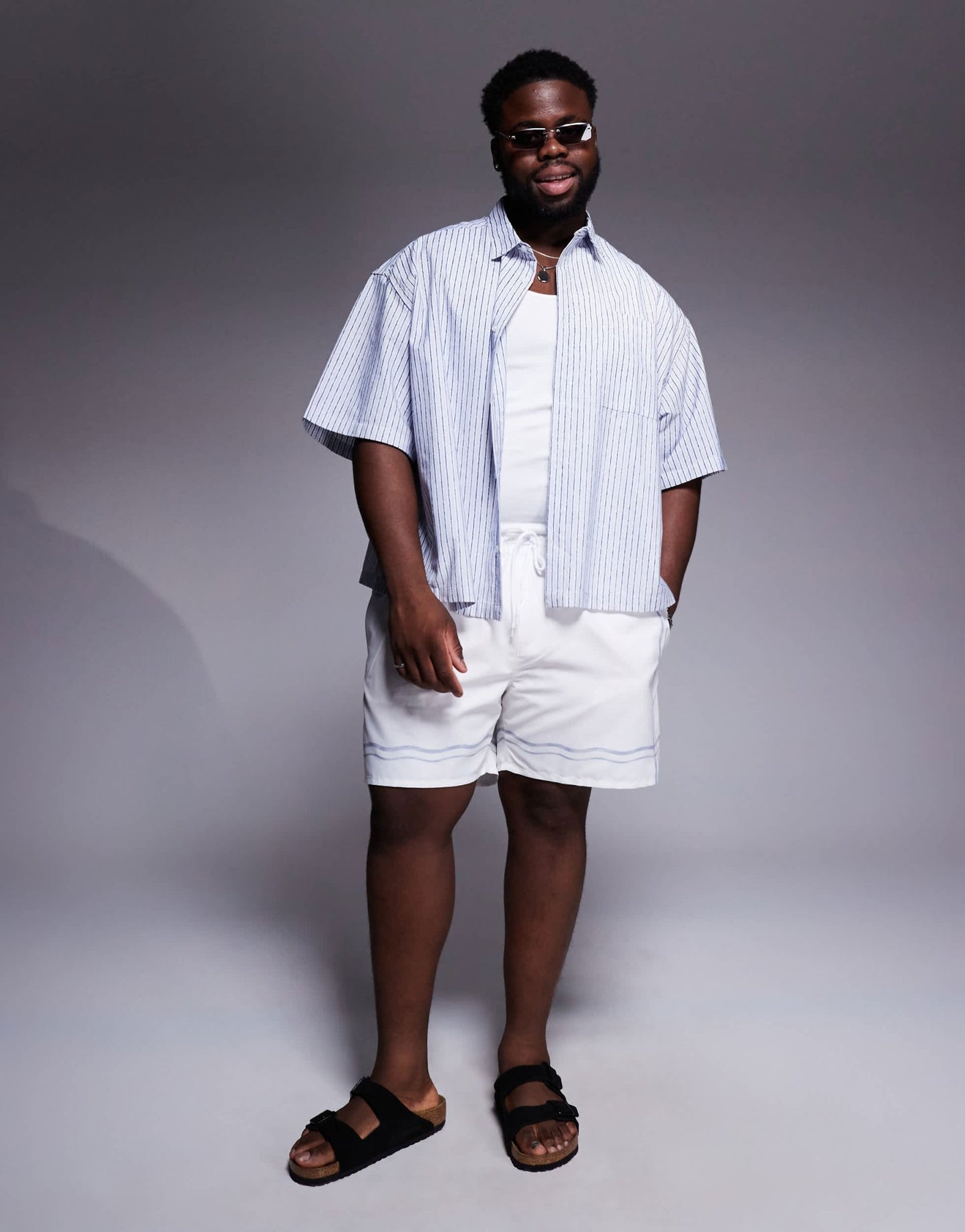 ASOS DESIGN swim shorts in mid length in stone with border print - ASOS Sample Sale