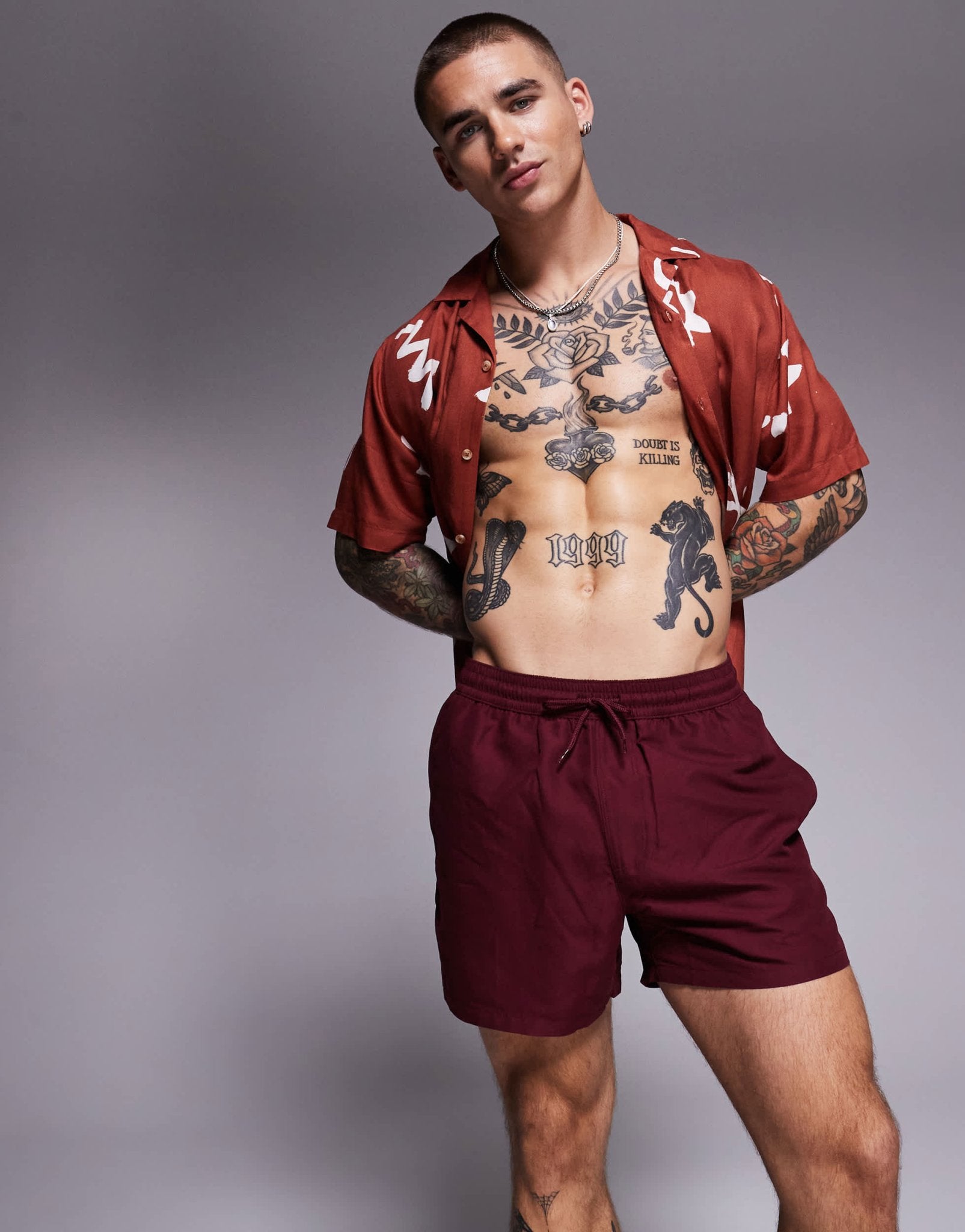 ASOS DESIGN swim shorts in short length in burgundy - ASOS Sample Sale