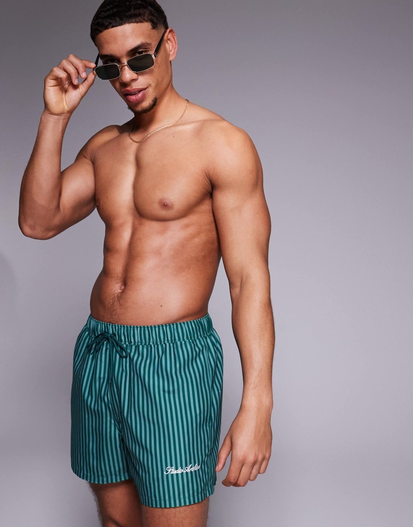 ASOS DESIGN swim shorts in short length in green stripe with placement print - ASOS Sample Sale
