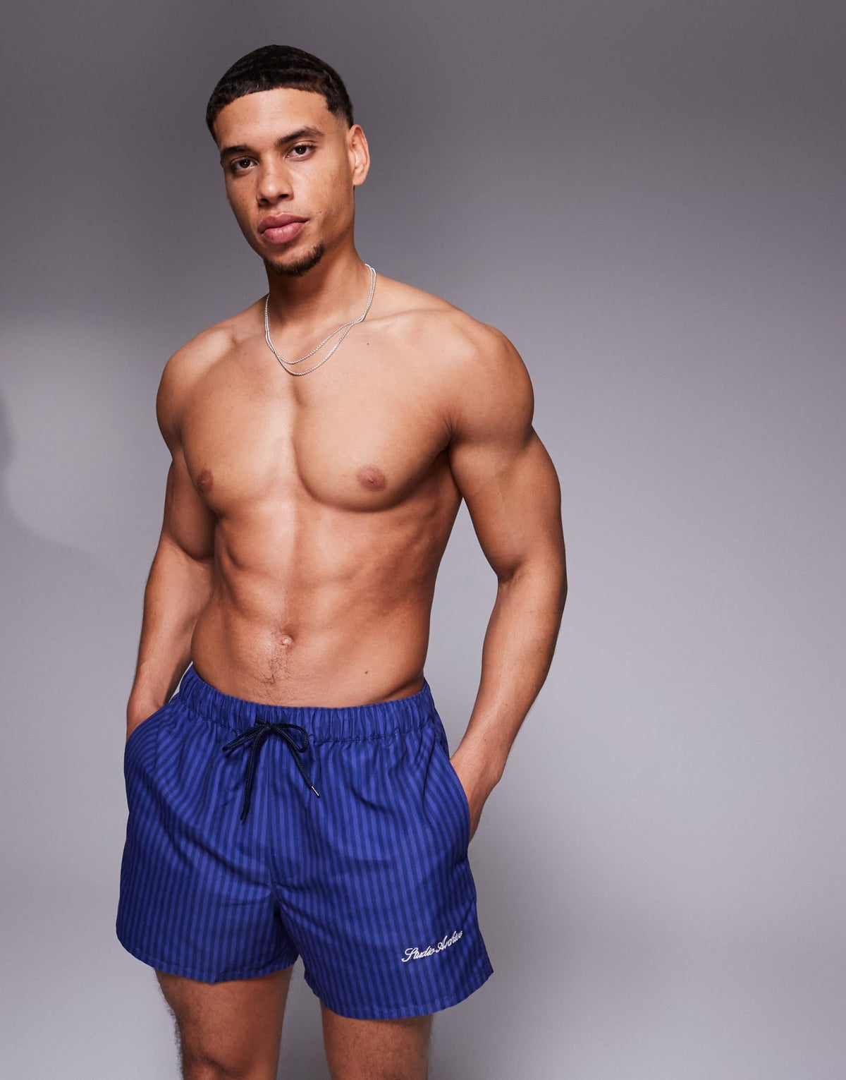 ASOS DESIGN swim shorts in short length in navy stripe with placement print - ASOS Sample Sale