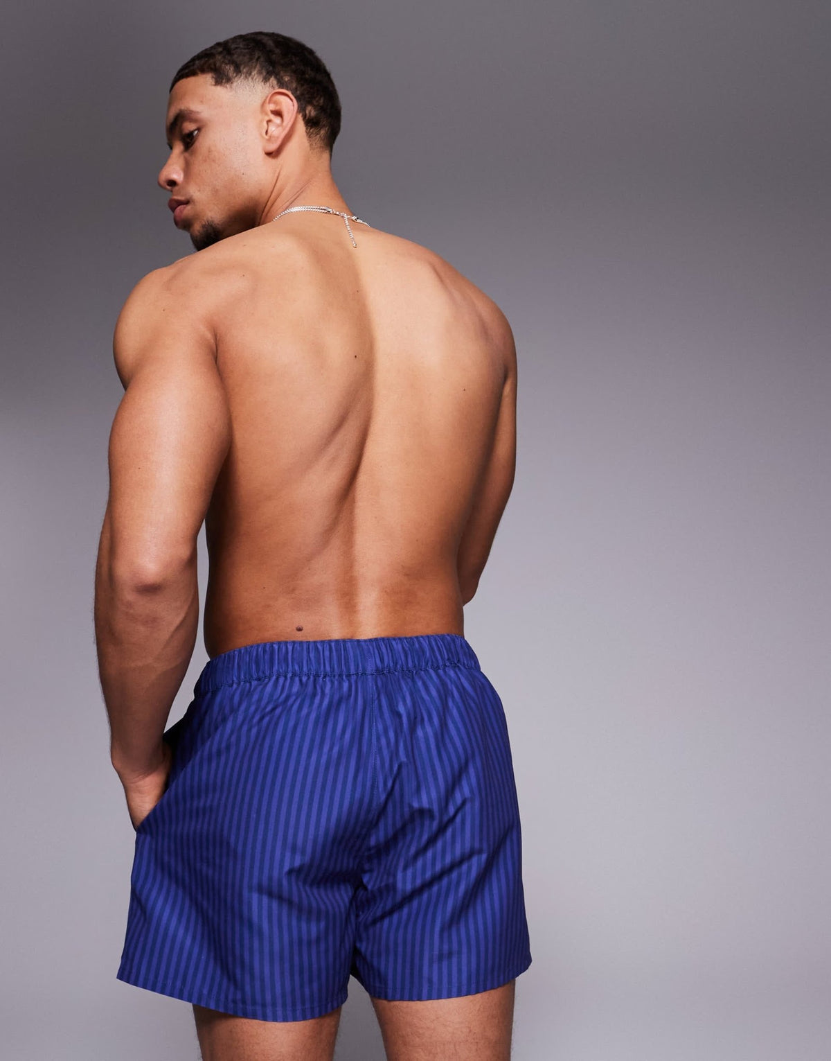 ASOS DESIGN swim shorts in short length in navy stripe with placement print - ASOS Sample Sale