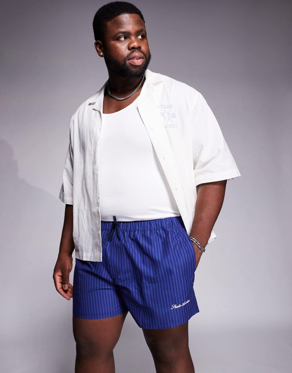 ASOS DESIGN swim shorts in short length in navy stripe with placement print - ASOS Sample Sale