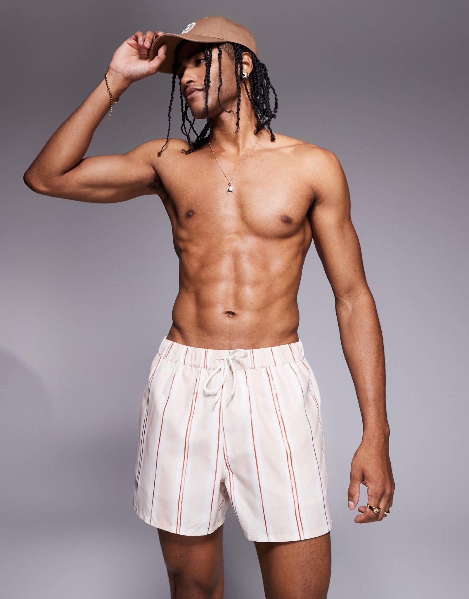 ASOS DESIGN swim shorts in short length in pink textured stripe - ASOS Sample Sale