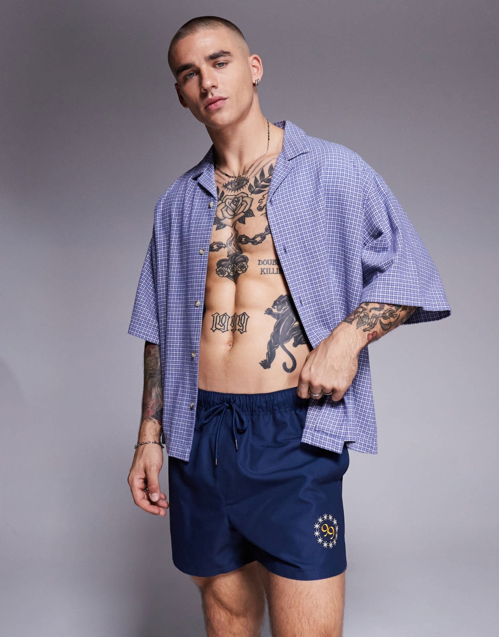 ASOS DESIGN swim shorts in short length with placement print in navy - ASOS Sample Sale