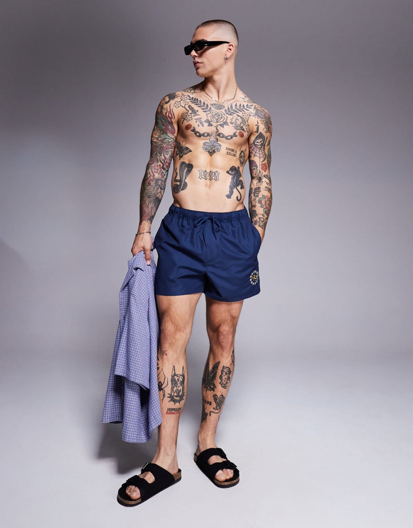 ASOS DESIGN swim shorts in short length with placement print in navy - ASOS Sample Sale