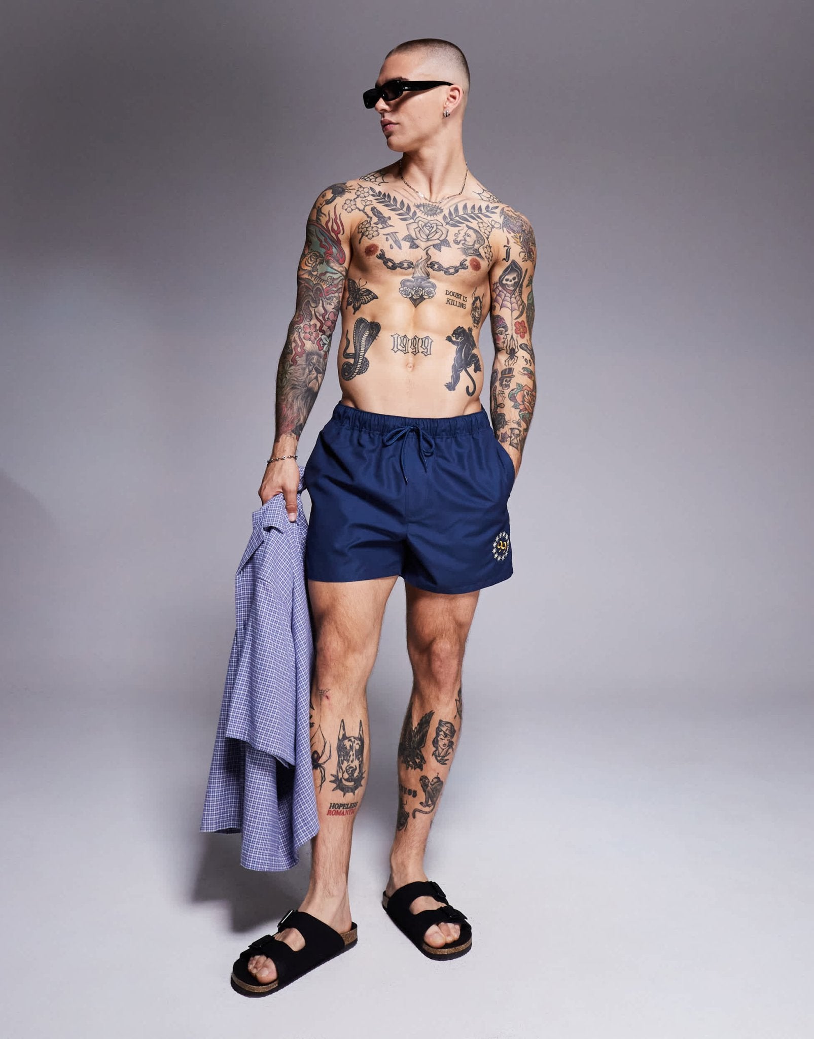 ASOS DESIGN swim shorts in short length with placement print in navy - ASOS Sample Sale