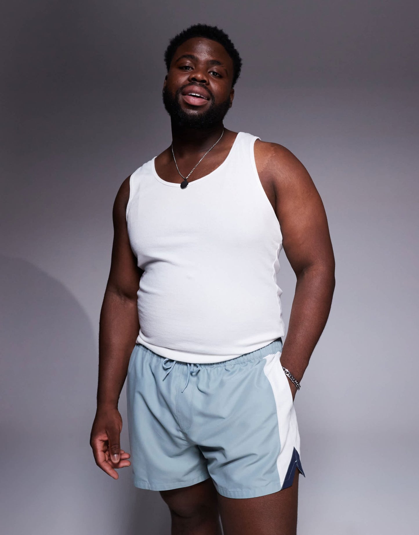 ASOS DESIGN swim shorts in short length with side vent cut and sew in blue - ASOS Sample Sale