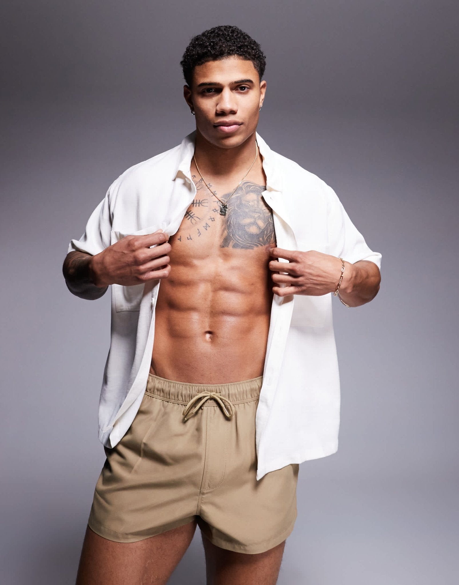 ASOS DESIGN swim shorts in super short length in stone - ASOS Sample Sale