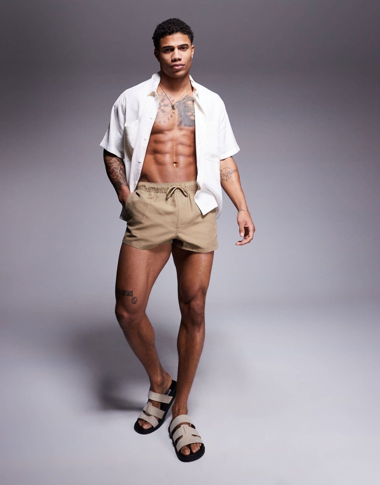ASOS DESIGN swim shorts in super short length in stone - ASOS Sample Sale