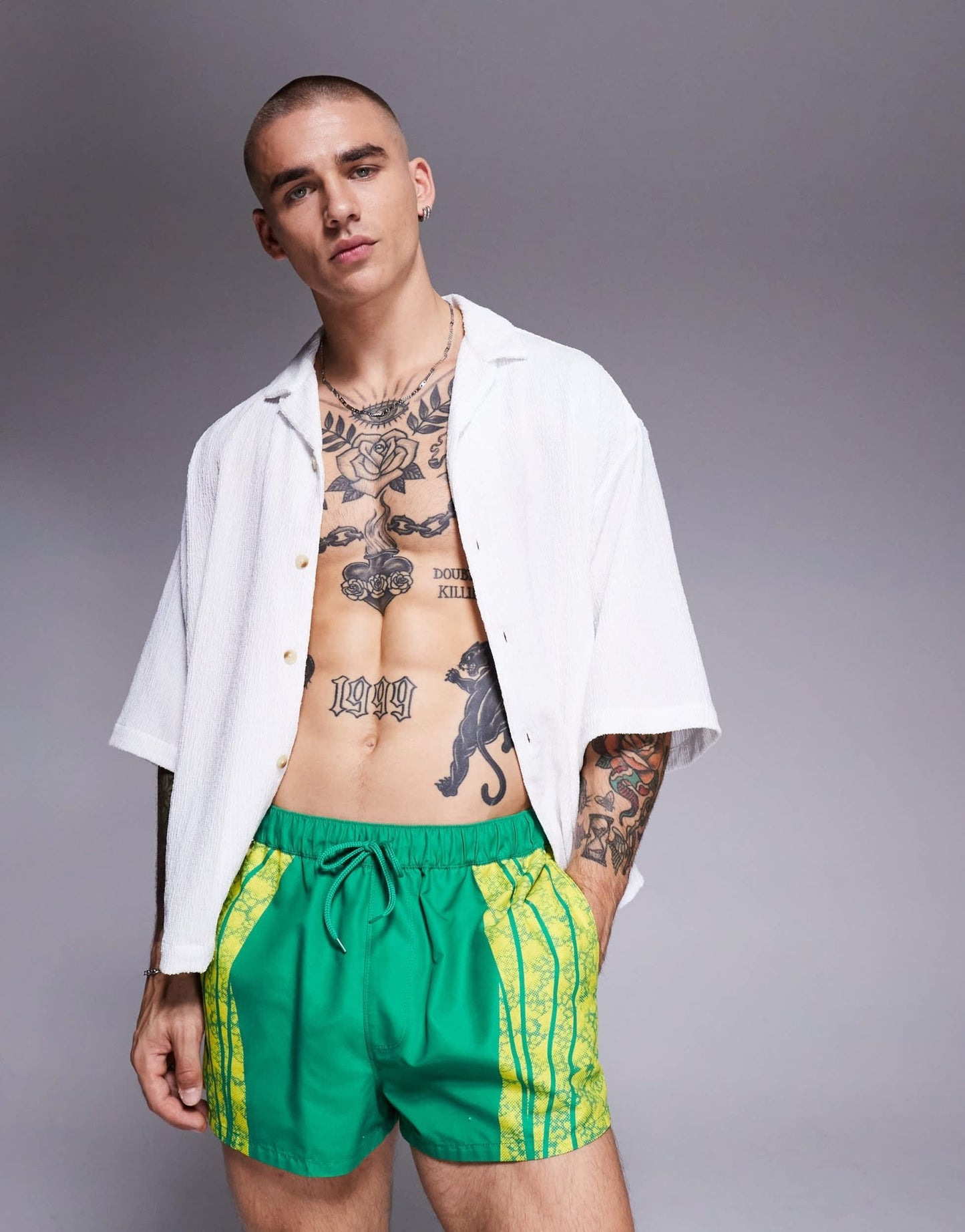 ASOS DESIGN swim shorts in super short length with placement animal print in green - ASOS Sample Sale