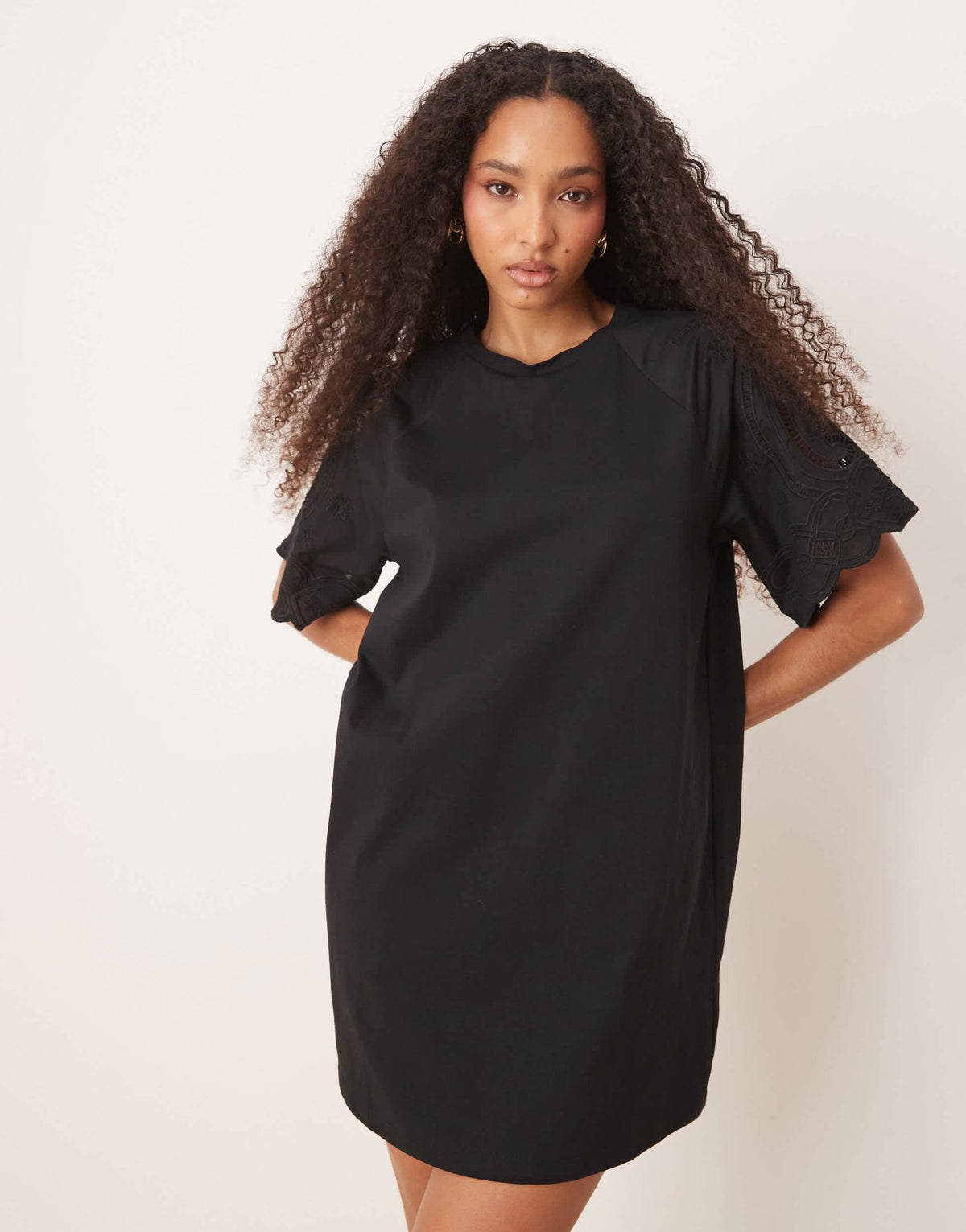 ASOS DESIGN T-shirt crochet lace sleeve mini dress in black - ASOS Sample Sale