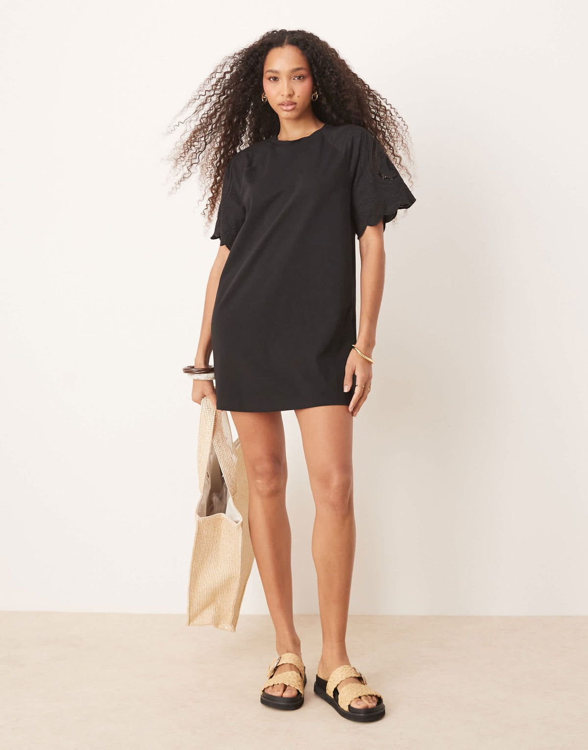 ASOS DESIGN T-shirt crochet lace sleeve mini dress in black - ASOS Sample Sale
