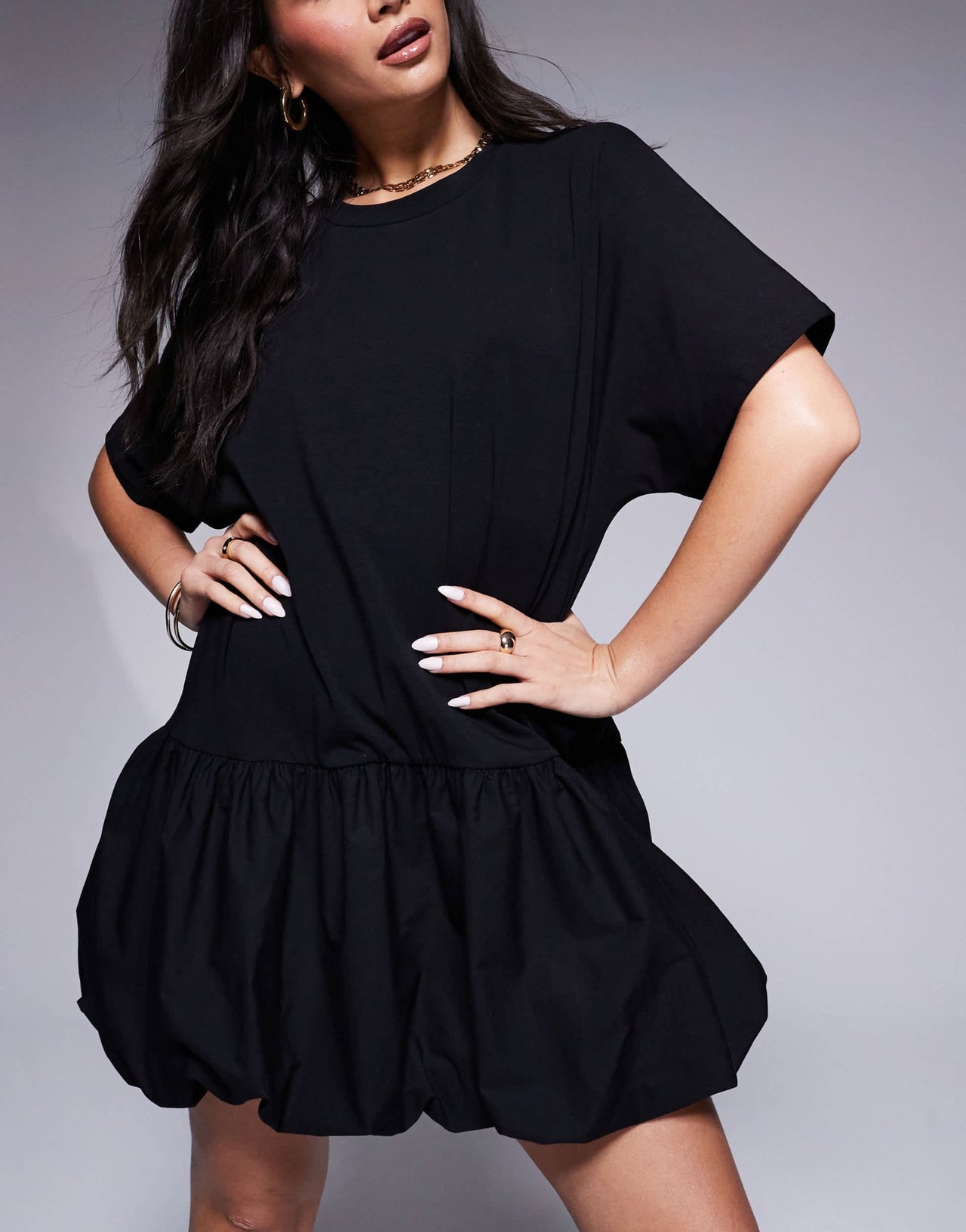 ASOS DESIGN t shirt dress with dropped hem puffball in black - ASOS Sample Sale