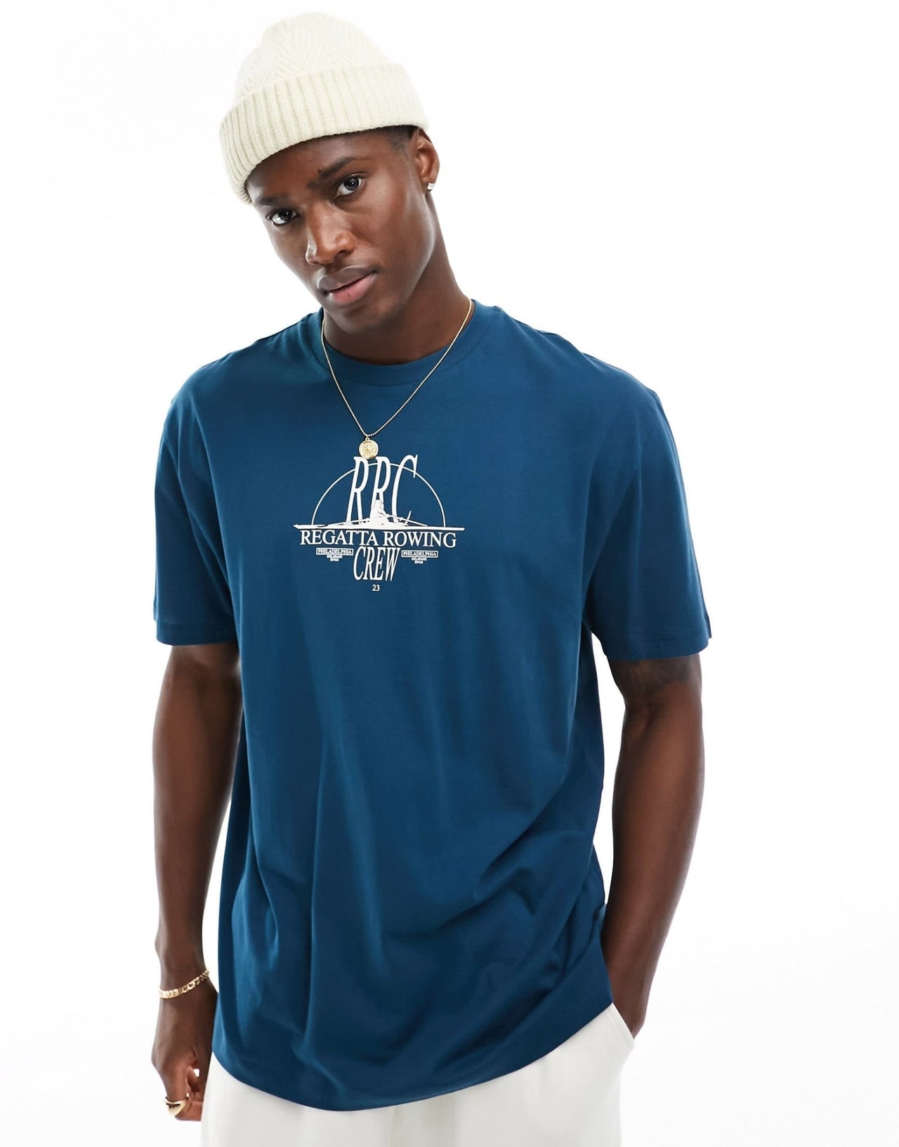 ASOS DESIGN t-shirt in navy with rowing chest print - ASOS Sample Sale