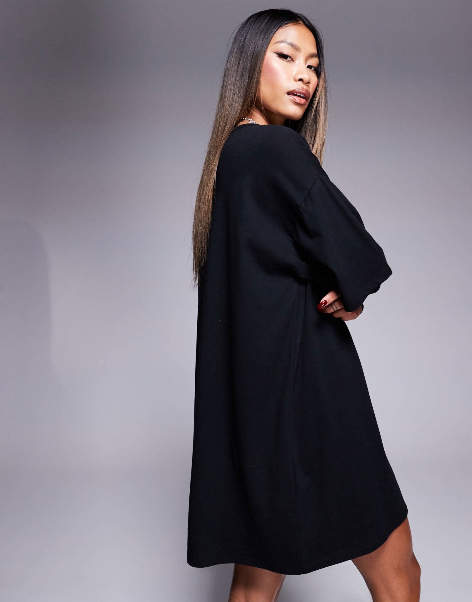 ASOS DESIGN t-shirt mini dress with lace sleeves in black - ASOS Sample Sale