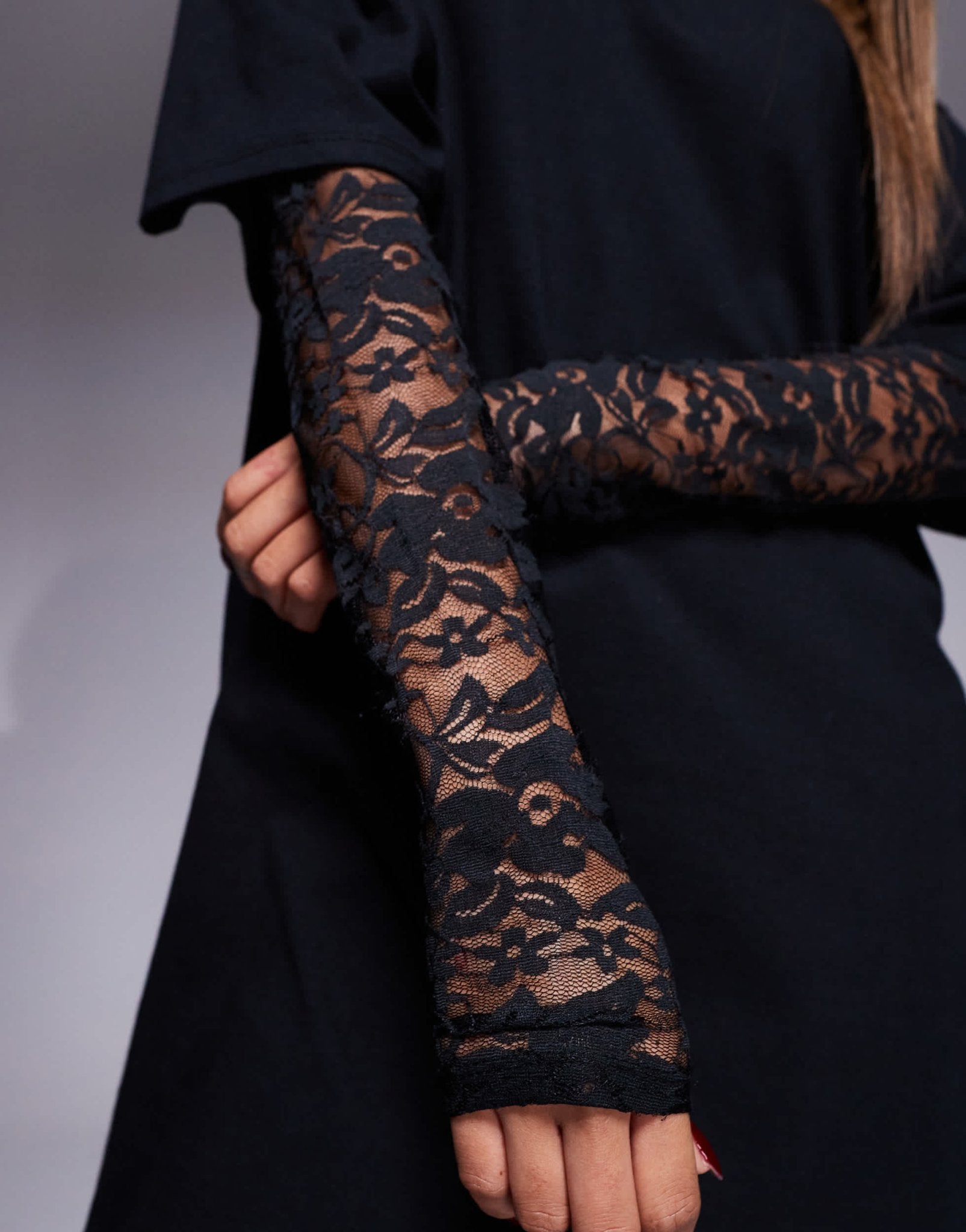 ASOS DESIGN t-shirt mini dress with lace sleeves in black - ASOS Sample Sale