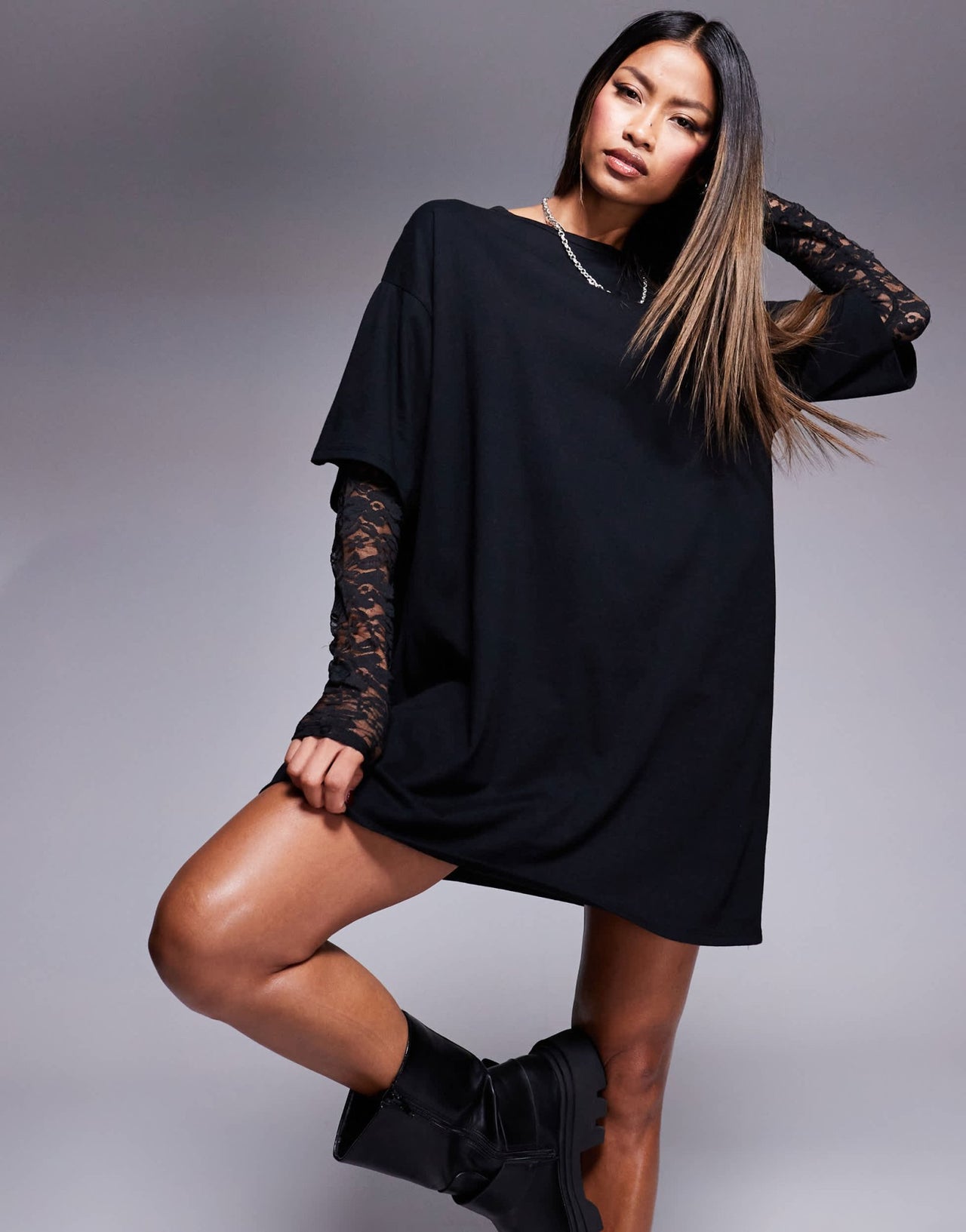 ASOS DESIGN t-shirt mini dress with lace sleeves in black ASOS DESIGN t-shirt mini dress with lace sleeves in black